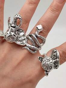 20 Stück/Set Punk Zufallsdesign, zufällige Größe Tier Löwe Tiger Schildkröte Elefant Schlange Eule Fingerringe Set für Männer und Frauen