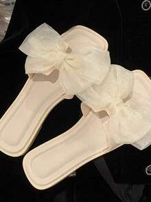 XIXITIAO 仙女风甜美网纱蝴蝶结拖鞋，防滑百搭休闲软底凉鞋，适合沙滩、海边、散步、度假等场合穿着 - 白色 - 查看 7