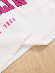 3 Peças/Conjunto Moda de Verão para Meninas, Top de Tule + Regata com Estampa de Letra + Shorts Esportivos
