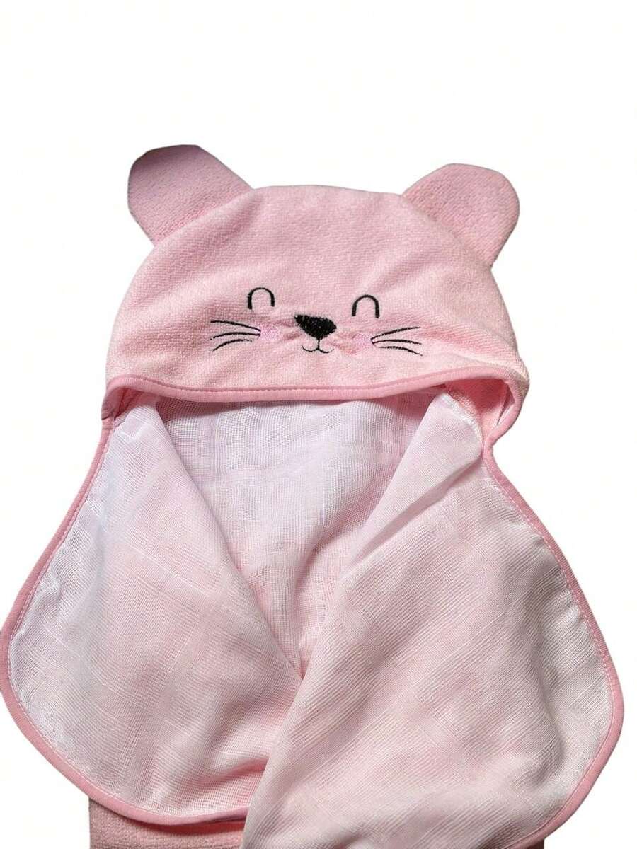 BABY BATH TOWEL LINED WITH 100% COTTON DIAPER FABRIC, EMBROIDERED HOOD WITH BEAR FACE - 粉紅色的 - 查看 1