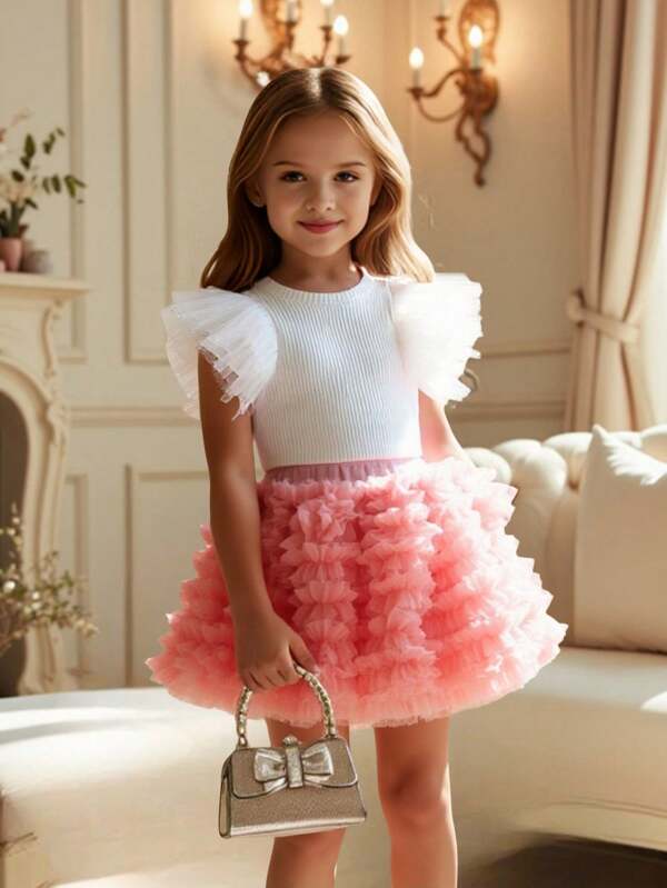 Young Girl 2pcs Set: Solid Color Round Neck Ruffle Sleeve T-Shirt + TUTU Skirt