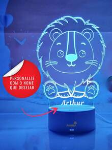 Luminária Safari Leão Nome Personalizado Presente Criativo Para Menino Decoração Quarto de Bebê Personalizável Abajur Infantil Leãozinho Cute De LED Bivolt 16 Cores 3D Com USB Enfeite em Acrílico Cristal Baby Festa Enxoval Bebê Batizado - Branco - Visão 2