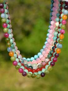 Bohemian Style Natural Stone Necklace, Elegant & Delicate 8mm Colorful Beryl & Rose Quartz Choker, Natural Healing Crystal Jewelry To Soothe Emotions And Balance Energy (Natural Stone Color Random)