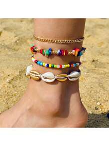 2-6pcs/Set Bohemian Style Starfish & Beaded Braided Anklet For Girls, Ocean Theme, Beach, Seashell,Summer Jewelry,Gold Jewelry Women