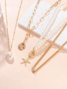 4 Pcs Set Minimalist & Elegant Starfish & Shell Beaded Chain Necklaces, Suitable For Travel, Vacation, Summer Beach
