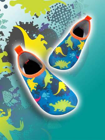 儿童水鞋和儿童水上鞋，带有可爱的卡通恐龙图案 - 轻质结构，防滑，让孩子的脚踩在沙滩上并快速干燥