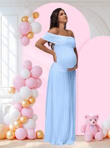 JustVH 孕妇露肩派对连衣裙褶边女式婴儿洗礼长裙