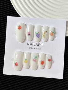 Set de 10 uñas postizas ovaladas francesas hechas a mano, con diseño de arte de frutas de colores, contraste de color 3D, cobertura completa brillante, uñas falsas DIY, suministros de arte de uñas - Multicolor - Ver 1