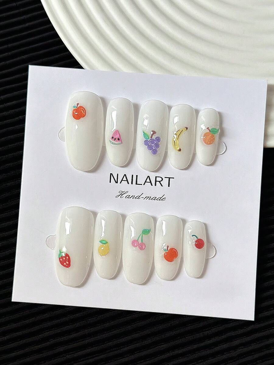Set de 10 uñas postizas ovaladas francesas hechas a mano, con diseño de arte de frutas de colores, contraste de color 3D, cobertura completa brillante, uñas falsas DIY, suministros de arte de uñas - Multicolor - Ver 1