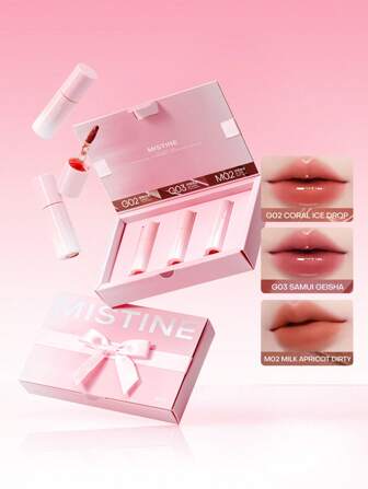 MISTINE Mini Brillo de Labios Juicy Latte Tailandés, Gelatina Hidratante para Labios Infundida con Ácido Hialurónico, Vitamina E, Alto Pigmento con Acabado Luminoso, No Pegajoso, a Prueba de Manchas, a Prueba de Transferencia, Sensación Ligera. 1 Paquete 1gx3