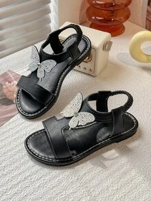 Summer Toddler Girls Sandals White Butterfly Rhinestone Decor Open Toe Comfort Breathable Kids Fashion Shoes For Daily & Party Wear - Black - View 4