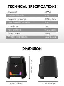 FANTECH 电脑扬声器，带低音炮的迷你 PC 扬声器，带 RGB 灯的 2.1 桌面扬声器，USB 供电，立体声，带 3.5 毫米辅助电缆的游戏扬声器，适用于显示器/笔记本电脑/平板电脑，1 套（2 个扬声器） - 黑色 - 查看 10