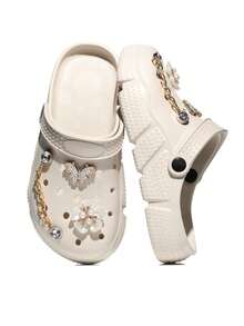 CIVHOM 女士时尚休闲木屐，轻便透气防滑软底花园鞋，夏季拖鞋沙滩鞋，带个性化闪亮饰物 - 米色 - 查看 4