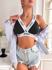 Set de 5 sujetadores deportivos de apoyo medio, con letras estampadas, de tela de costilla, cómodos y de moda casual para mujeres