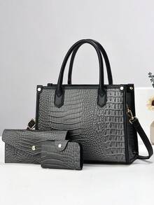 3 件套奢华鳄鱼纹手提包、时尚大容量手提包和单肩包，适合中年妈妈 - 彩色 - 查看 6