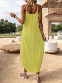 Vestido Midi Holgado de Escote en V con Tirantes - Amarillo - Ver 2