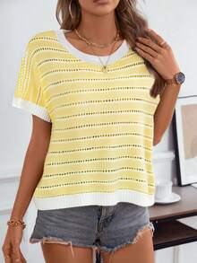 Women's Casual Commuter Knit Striped Sleeveless Hollow Out Round Neck Loose Tank Top, Minimalist Retro Vintage Cream Yellow Basic Summer Back To School Autumn Clothing (Pattern Random) - Light Yellow - View 5
