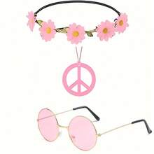 3 件套嬉皮士服装迪斯科套装包括 1 副嬉皮士眼镜、1 条和平标志项链和 1 个嬉皮士花环头带，非常适合 60 年代和 70 年代嬉皮士派对、舞会派对装扮套装万圣节