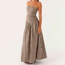 Vestido largo casual de verano para mujer, sexy, con cuello de barco, espalda descubierta, sin mangas, sin tirantes, fluido y plisado