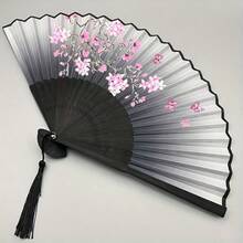 2026 New Arrival, Best Seller 1pc Retro Style Bamboo Folding Fan, Sakura Design, Gradient Black To Purple, Tassel Detail, Traditional Chinese Hanfu Dance Accessory, Women's Portable Fan, Decorative Gift, Ideal For Graduation Season - Multicolor - View 4