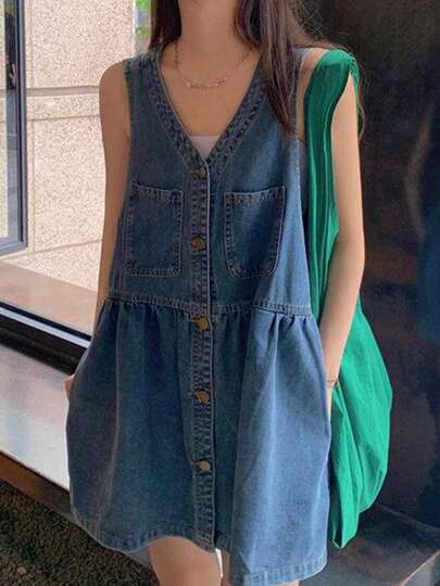 Vestido túnica informal de mezclilla para mujer, sin mangas, escote en V profundo, corto, mini, con botones y bolsillos, tela no elástica, dobladillo recto