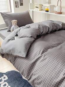 4pcs/Set (1pc Duvet Cover + 1pc Flat Sheet + 2pcs Pillowcases) Black Plaid Patchwork Reversible Soft & Breathable Microfiber Bedding Set, Suitable For Student Dormitory, Skin-Friendly - Black Small Grid - View 7