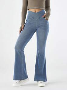 Bell Bottom Jeans For Women High Waisted Stretchy Flare Jeans Pull On Wide Leg Jeans V Cross Tummy Control Flare Pants