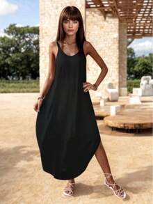 Vestido Midi Holgado de Escote en V con Tirantes - Negro - Ver 3