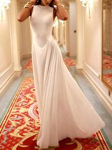 WOWDARK Women's Elegant Backless A-Line Mesh Overlay Long Dress, Autumn