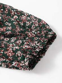 Acelitt Summer Ditsy Floral Shirred Front Patchwork Lantern Sleeve Dress