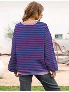 Women's Y2K Oversized Striped Sweatshirt - Long Sleeve Round Neck Color Block Pullover, 2025 Autumn Casual Loose Outfits For Graduation/Back To School/Teacher