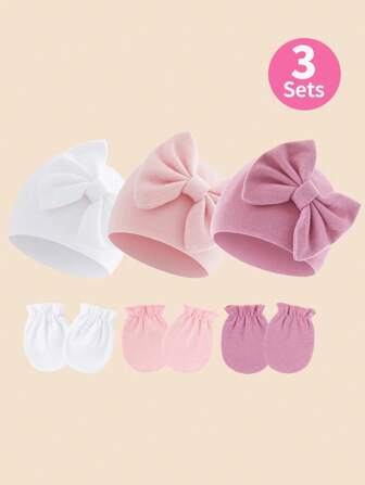 Set da 3 pezzi per neonati con cappello decorato con farfalle e guanti anti-graffio, colori: bianco + rosa + rosa scuro