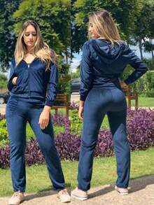 Women's Velvety Plush Set Sweatshirt Set Blouse And Pants Cold Winter - 藏蓝色 - 查看 2