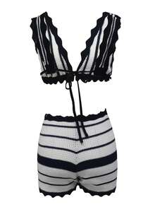 Women Summer Shorts Outfits Stripe Tie-Up Backless Sleeveless Crop Tank Tops Shorts 2 Pieces Clothes Set - White - View 9