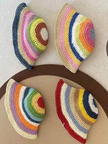 1Pc Kid Rainbow Sun Protection Crochet Bucket Hat For Vacation Travel - Rainbow Children's Straw Hat - View 10