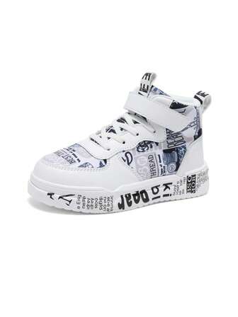 Barnmode svarta och vita kombinationer av slumpmässigt mönster med kardborredesign, sportskor, bekväma för småbarn, promenader, skola, utomhuslek, höga, mångsidiga, löparskor