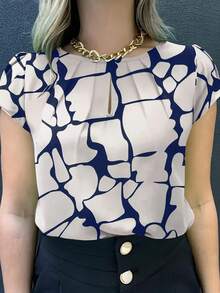 Women Summer Casual Printed Blouse, Round Neck Short Sleeve Loose Fit, With Ruched Chest Detail, Suitable For Weekend Leisure Wear - Blue - View 2