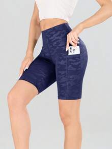 1 Stück bedruckte Camouflage Hohe Taille Sport Shorts, Fitness Lauf Yoga Shorts, modische Slim-Fit Damen Leggings, doppelseitig gestrickt für den Sommer - marineblau - Übersicht 1