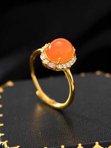 1pc Natural South Red Agate Oval Vintage Ring, Ins Style Women's Jewelry, S925 Silver Plated Inlaid With Hand-Made Semi-Precious Stones, Light Luxury And Elegant Design, Micro-Inlaid Cubic Zirconia, Adjustable Size, Glamorous High-End Exquisite Jewelry Ladies Gift With Gift Box. Suitable For Daily Wear, Festivals, Holidays, Parties, Valentine's Day, Mother's Day, Wedding Anniversary Gifts And Other Holiday Gifts - Natural Red Oval Vintage Ring - View 4