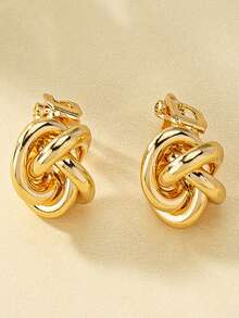 1 Pair Minimalist Unique Twisted Knot Plated Gold Ear Studs, Casual Elegant Fashion Earrings For Daily Wear (No Piercing Required) - Yellow Gold - View 4