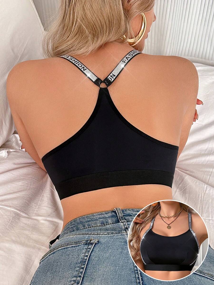 1pc Women Solid Color Silver Lace Backless Comfortable Sports Bra - Black - View 1