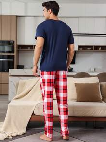 Men's Short Sleeve & Long Pants Pajama Set, Navy Blue Top With Plaid Pants, For Casual Home/Sleepwear - Navy Blue - View 3