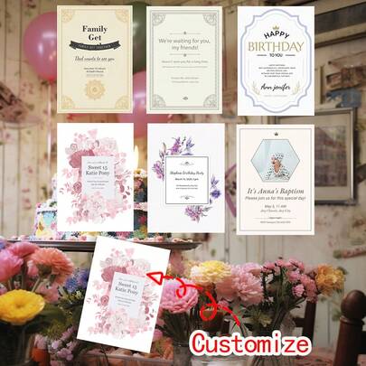 1pc/10pcs/50pcs/100pcs/200pcs Customized Birthday Invitation Cards, Customized Wedding Thank You Cards, Customized Event Cards, Beautifully Designed To Express Heartfelt Gratitude To Each Guest, Greeting Cards, Invitations, Small Cards, Postcards, Booklets, Coupons, Promotional Cards,Multi-Functional, Ornamental,Reusable,Exquisite,Stylish,High-Quality,Colorful,Modern,Custom,Personalized,Unique,Ideal Gifts For Him,Ideal Gifts For Her,Boyfriend,Dad,Girlfriend,Mom,Family,Friends,Tea Room,Home,Garden,Office,For Anniversaries,For Valentine's Day,For Mother's Day,For Birthdays,For Father's Day,For Graduation,For Weddings,For Housewarming,Customized Wedding Crafts