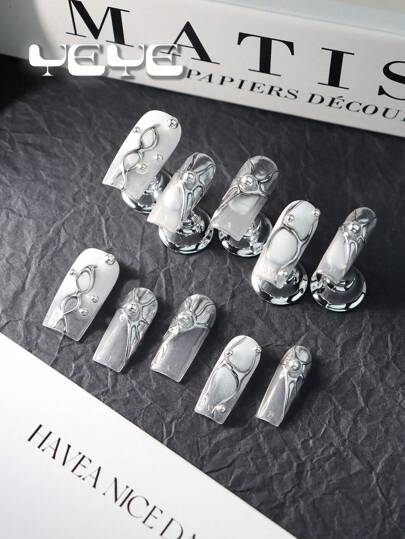 Get Romantic With Handmade 10pcs Medium Long Square Shape European Style INS White Nails Metal Silver Chrome Full Coverage Fake Nails Set Boho Nail Charms Fashion Girl Statue Of Liberty Punk Vanity Full Cover Press On Nails Kit For Girls And Women With 1pc Mini Nail File & 1 Sheet Adhesive Tabs Modern Gradient White False Nails