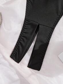 2pcs/Set Plus Size Women Halter Bra & Crotchless Thong Lingerie Set For Rave - Black - View 6