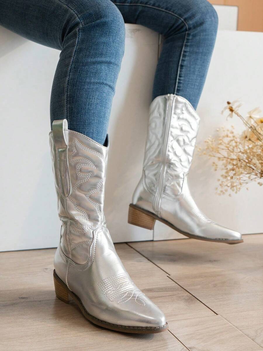 Women's Chelsea Silver Embroidery Boots - Silver - View 1