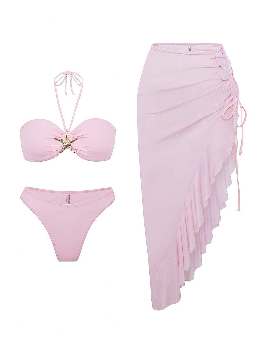 Allurini Cute Ocean Elements Shell, Starfish Decor Casual Going Out, Beach Holiday, Beach Party Solid Color Ruffles Fitted Asymmetrical Drawstring Tie Up Flounce Mesh Cover Up Maxi Dress + Basic Bikini 3-Piece Swimwear Set, Ibiza Outfit Elegant - Baby Pink - View 1