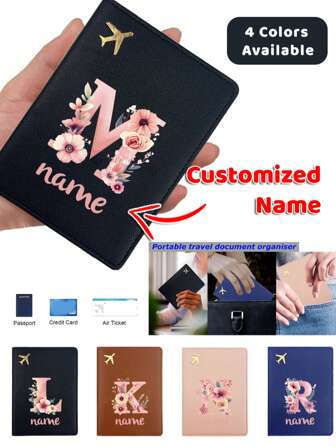 Customized Name PU Passport Cover Passport Sleeve Holder Protector Bank Business Card Case Organizer Protective Slim Leather Portable Documents Storage Ultra Slim ID Card Wallet Coin Purse RFID Blocking Women Man Travel Accessories Alphabet Initial Print Pattern Personalized DIY For Business