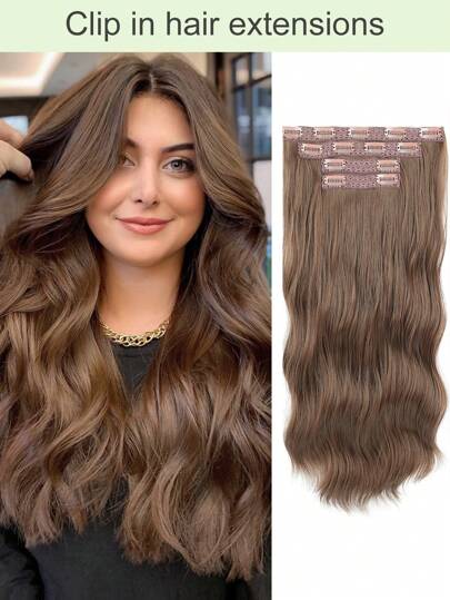 Extensões De Cabelo Clip-in, Cabelos Sintéticos Ondulados Longos De 20 Polegadas, Grampo Suave E Grosso Em Peças De Cabelo Sintéticas Para Uso Diário De Mulheres E Meninas Em Festas (marrom Escuro)