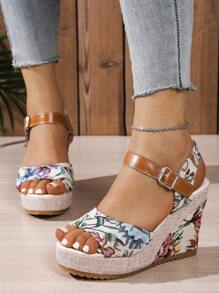 2024 New European Women Platform Floral Print Slide Sandals, Summer Outdoor Casual Leisure Chunky Wedge Adjustable Strap Comfortable Open Toe Shoes